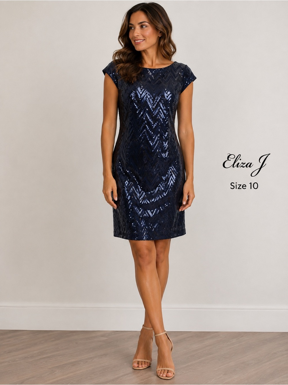 Eliza J Size 10 Navy Blue Sequin Chevron Cocktail Party Dress glam evening dress
